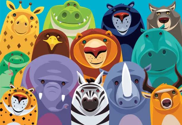 Vector illustration of group of cheerful safari animals