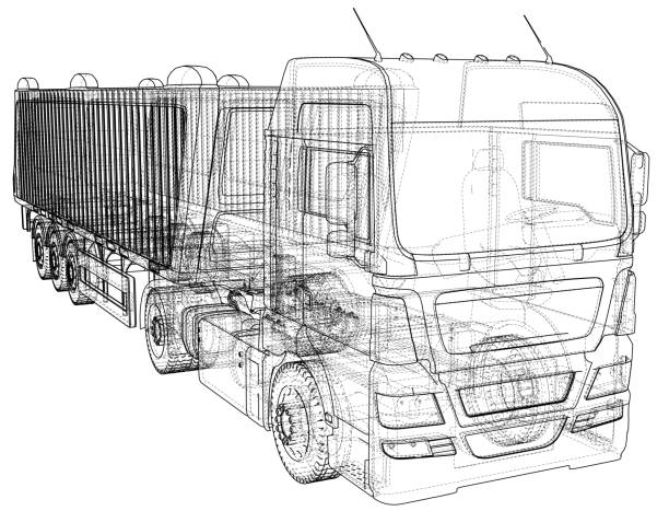 istock Truck with trailer vector. Isolated on white. Vehicle mockup. Created illustration of 3d. Wire-frame. 1279965416