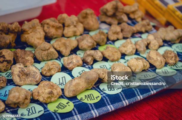 Alba White Truffles On A Market Stall With Price Tags Stock Photo - Download Image Now