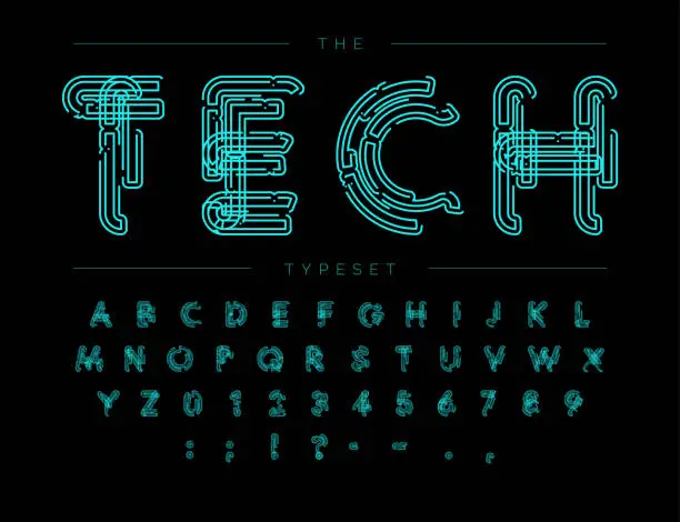 Vector illustration of Cyber Tech Font. Contour scheme style vector alphabet. Letters and numbers for digital product, security system logo, banner, monogram and poster. Typeset design.