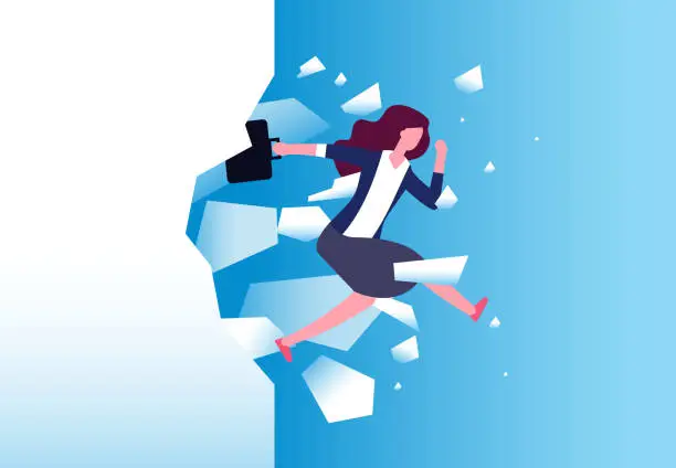 Vector illustration of Businesswoman breaking wall. Strong woman jamps through barrier. Free people, action and overcome vector concept