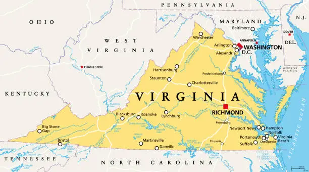 Vector illustration of Virginia, VA, political map, Old Dominion, Mother of Presidents