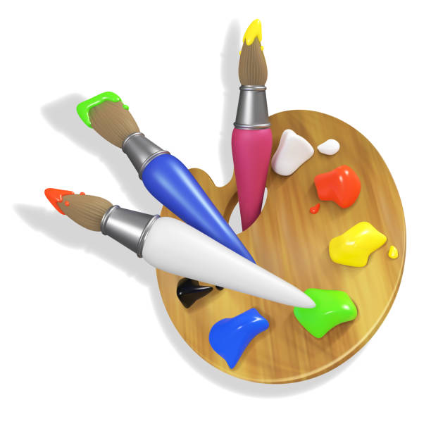 istock Painting brushes and painted wooden palette. Vector realistic 3D illustration isolated on white background. EPS10 1279974326