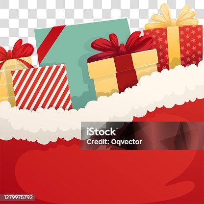 istock Background santa sack with christmas gifts on a transparent background. Vector illustration. Web banner 1279975792
