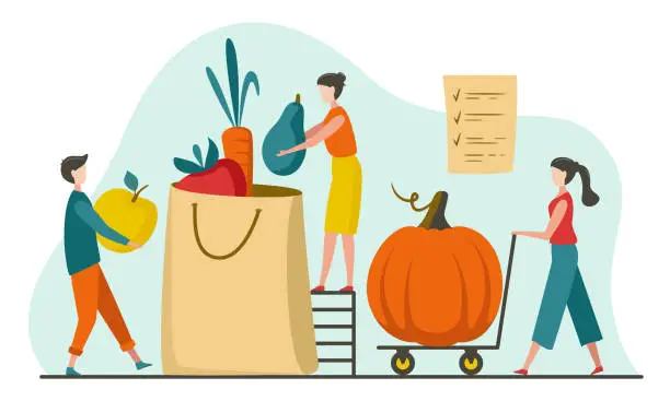 Vector illustration of Small tiny people collect giant fruits and vegetables. Farm fresh, Eat local concept