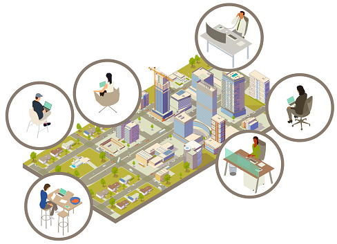 A distributed mix of hybrid, remote, and on-site workers are seen at desks and with laptops and tablets. Presented in circular call-outs, these women and men are scattered around a detailed, modern city including houses, apartment buildings, office buildings, and a corporate headquarters.
