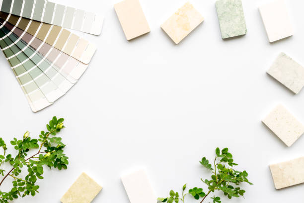 istock Sample of material and color scheme for interior design, above view 1279978131