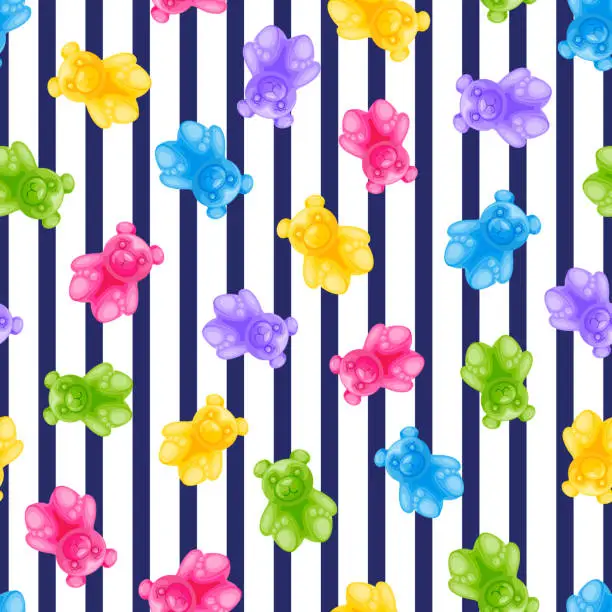 Vector illustration of Jelly bear candy and navy stripes vector seamless pattern. Sweet colorful kids background. Vector illustration