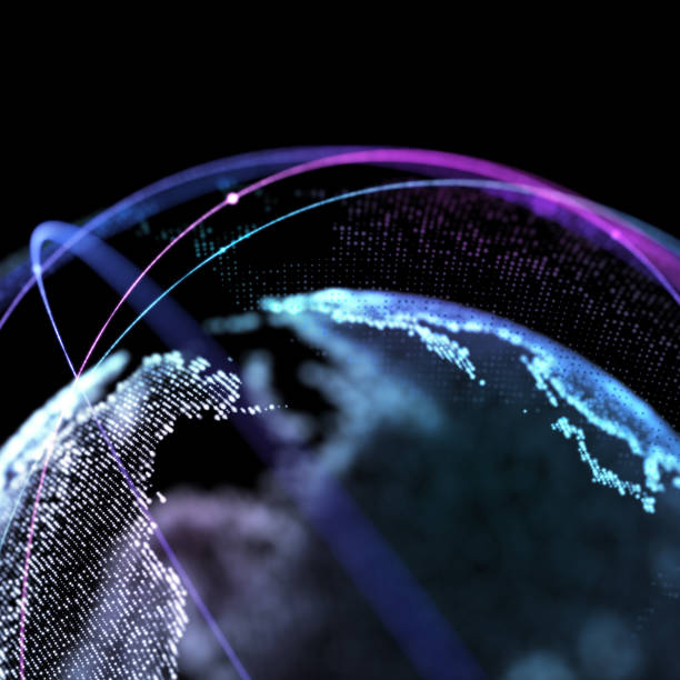 istock Abstract technology background with global communication orbits and high detailed globe. 3d illustration. 1279980524