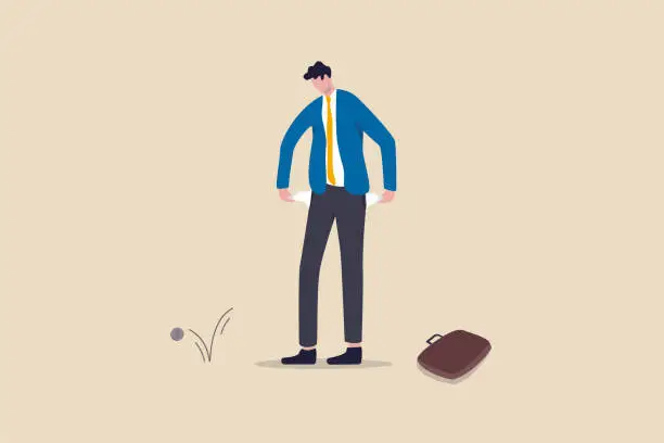 Vector illustration of Broke businessman, bankruptcy poor man or financial problem due to jobless and unemployed in Coronavirus COVID-19 economy crisis concept, sad broke businessman holding his pant empty pockets no money.