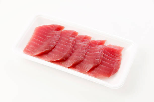 fresh raw tuna steaks on white background - tuna steak tuna prepared ahi meat imagens e fotografias de stock