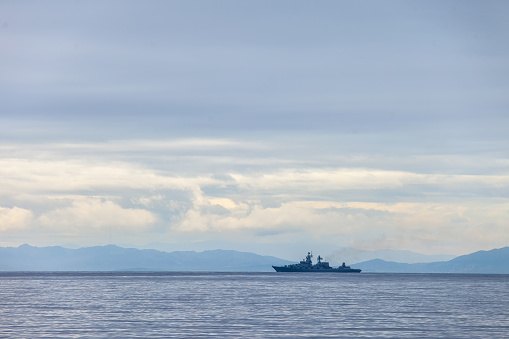 Russian warship at sea. Pacific ocean