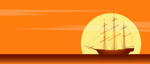 Silueta de velero antiguo. Paisaje con viejo velero en el mar - ilustración de arte vectorial