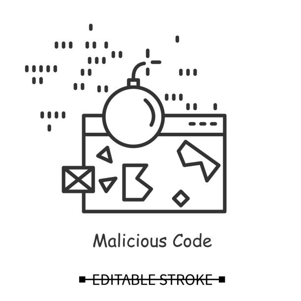 Malicious code icon. Bomb with site page. Web page exploit linear vector illustration Malicious code icon. Web page and bomb linear pictogram. Concept of website code exploit, safe internet browsing and web site code injection hacker attack. Editable stroke vector illustration agent nasty stock illustrations