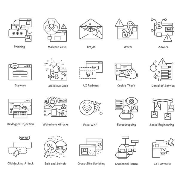 Hackcers icons set. Cyber security and crime technology simple line vector illustrations Hackers icons set. Safe web browsing and cyber security linear pictogram. Concept of personal data and account theft, hacking attacks and malicious software types. Editable stroke vector illustration agent nasty stock illustrations