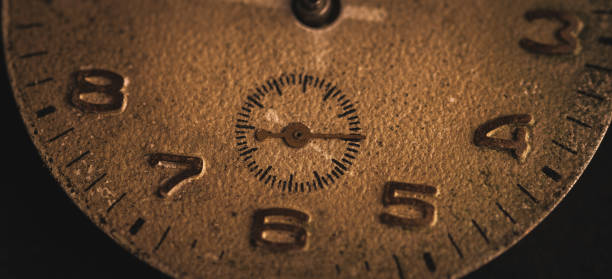 istock Vintage wall clock on a dark background. Selective focus. Vintage light toning. Grunge style backdrop 1279984758