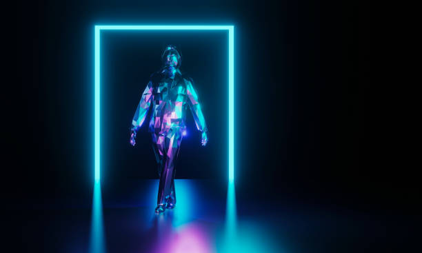 istock Low poly neon color robor walking, standing on reflection floor with shining rectangle. Artificial intelligence, future, technology background. 3D rendering 1279985499