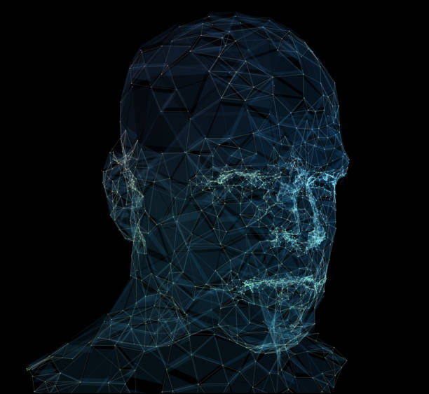 istock Human head with in 3d space network. Blue abstract futuristic medicine, science and technology background illustration. 3D rendering. 1279986768