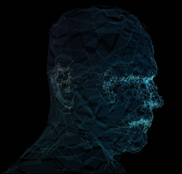 istock Human head with in 3d space network. Blue abstract futuristic medicine, science and technology background illustration. 3D rendering. 1279987175