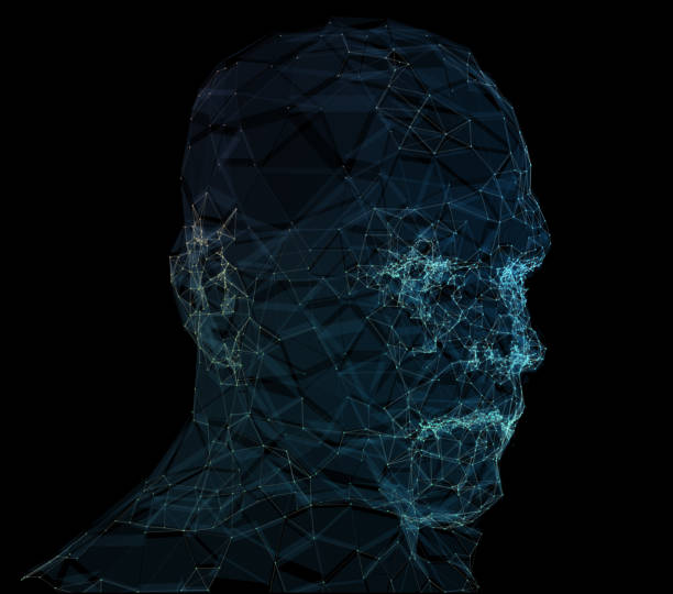 istock Human head with in 3d space network. Blue abstract futuristic medicine, science and technology background illustration. 3D rendering. 1279987387