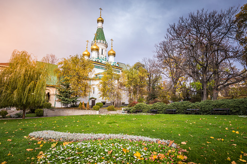 Russian church of St Nicholas the Miracle-Maker at sunset – Sofia, Bulgaria