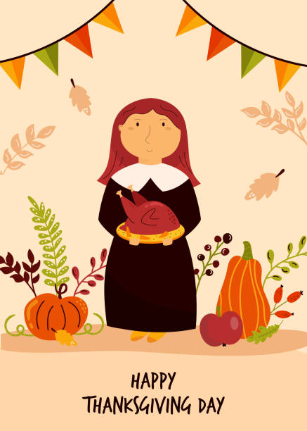 추수 감사절 인사말 카드 와 귀여운 순례자 소녀 들고 구운 칠면조. - thanksgiving pilgrim turkey little girls stock illustrations