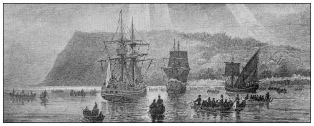 ilustrações, clipart, desenhos animados e ícones de ilustração antiga de montreal, canadá: jacques cartier aterrissando em quebec - illustration and painting beach engraved image engraving