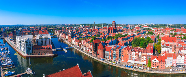 Aerial view of Gdansk old town with Motlawa river in Poland