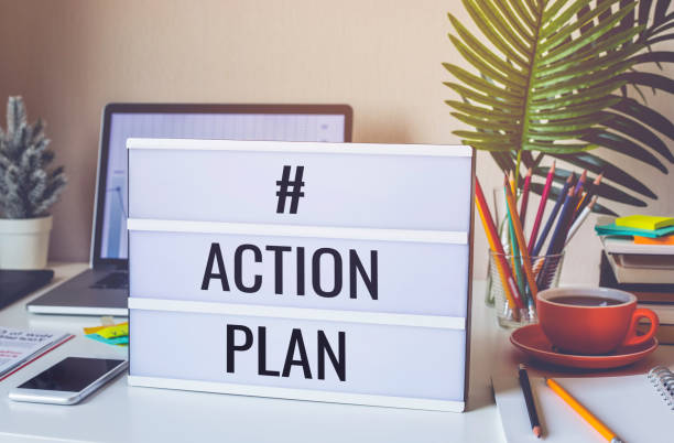 istock Action plan text on light box on desk table in home office.Business motivation 1279993427