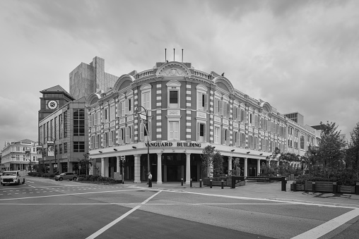 Singapore - December 3, 2019: Exterior view of Vanguard Building in Singapore. It is one of the rare buildings in Singapore to possess an Edwardian architecture style. Black and white photo.