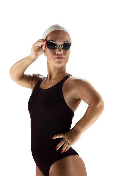 istock Beautiful dwarf woman practicing in swimming isolated on white background 1279994187