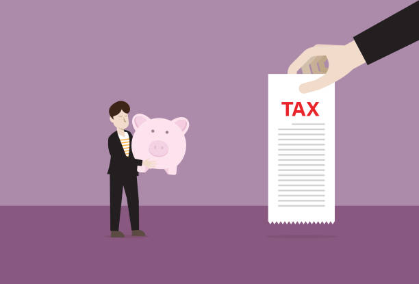 ilustrações de stock, clip art, desenhos animados e ícones de businessman uses a piggy bank to pay a tax - finance law tax form tax