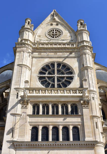 St. Eustatius Church at Les Halles neighborhood. Paris, France. Paris, France. Saint Eustache gothic church with blue sky. église saint eustache stock pictures, royalty-free photos & images