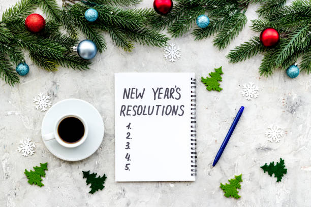 istock New Year Resolutions. Flat lay with Christmas decorations. Overhead view 1279996065