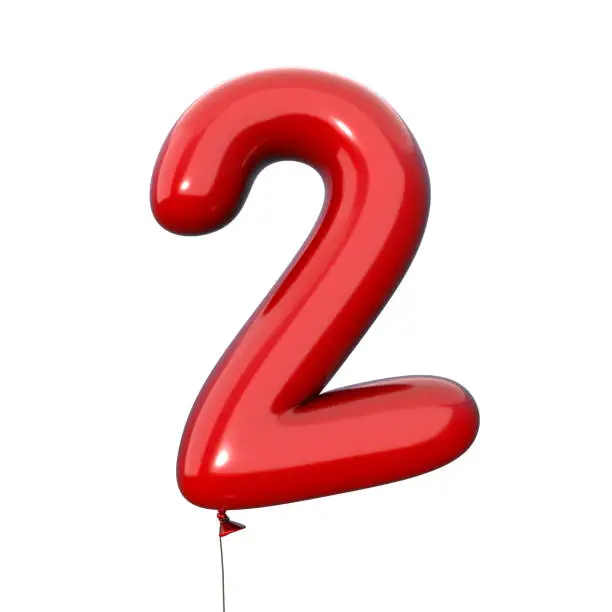Number 2 made of Red Balloons, made of realistic helium balloon, 3d illustration isolated ready to use. For your unique balloon letter decoration; Christmas, New year and several occasion, 3d rendering isolated on White Background