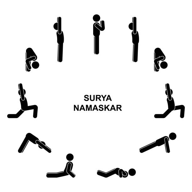 ilustraciones, imágenes clip art, dibujos animados e iconos de stock de secuencia de hombre figura de palo poses de saludo solar surya namaskar conjunto de iconos de ilustración vectorial. pictograma de estilo de vida saludable masculino de yoga sobre fondo blanco - stretching exercising gym silhouette