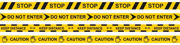 Vector illustration of Warning tape in yellow and black. Caution stripe on white background. Do not enter and stop sign border. Restricted police area. Keep distance barrier. Under construction zone. Vector EPS 10.