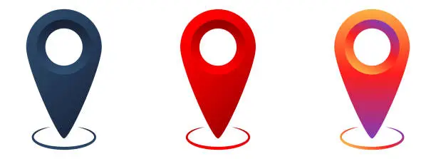 Vector illustration of Realistic map pin pointer. Positios symbol in gradient style. Isolated pin pointer in dark blue and red colors. Social media style of location marker on white background. Vector EPS 10.