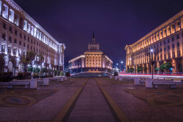 istock The Largo ensemble: National Assembly and blurred traffic light trails at night – Sofia, Bulgaria 1279997351