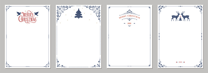 Ornate Merry Christmas greeting cards. Universal trendy business and corporate Winter Holidays art templates.