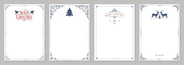 Ornate Winter Holidays Templates_01 Ornate Merry Christmas greeting cards. Universal trendy business and corporate Winter Holidays art templates. office supply stock illustrations