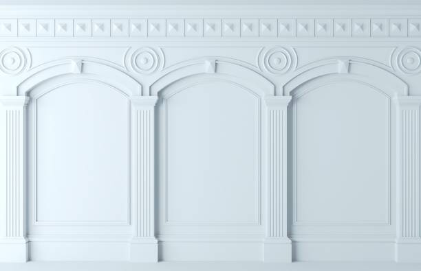 istock Classic wall of white wood panels. Design and technology 1279999377