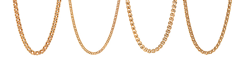 Set of gold men Cuban chains isolated on a clean white background photo. Four divers models.