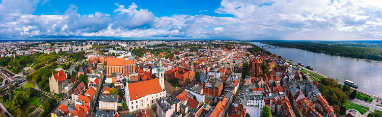 Aerial view of old town Torun in Poland with Vistula river