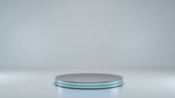 istock Chrome cylinder platform abstract background with blue neon light shiny metallic podium stand 3D rendering 1280003838