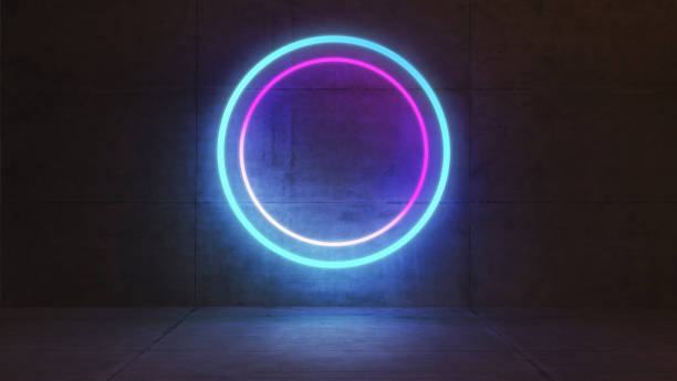 istock concrete wall and floor product platform and neon circular rings 3D rendering 1280003910