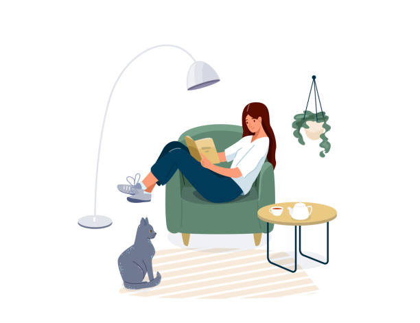 Woman reading book vector background. Relaxed girl comfortable sitting on the armchair and read, isolated on white backdrop. Cozy modern home interior with cat pet. Concept of homeward and comfort Woman reading book vector background. Relaxed girl comfortable sitting on the armchair and read, isolated on white backdrop. Cozy modern home interior with cat pet. Concept of homeward and comfort. homeward stock illustrations