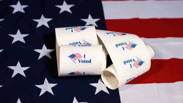 istock Face mask on I voted stickers 1280006738