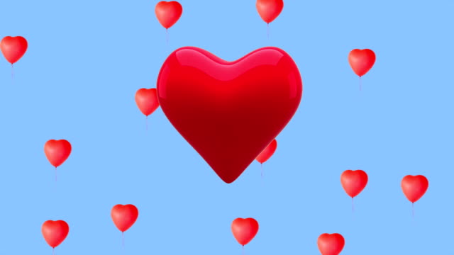 Red heart beating against multiple heart shaped balloons floating in blue sky