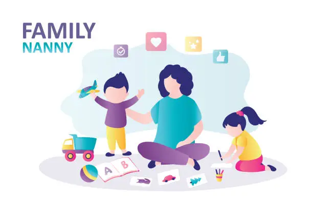 Vector illustration of Babysitter plays and teaches young children. Mother and kids playing together. Home kindergarten and babycare. Concept of family pastime and nanny occupation
